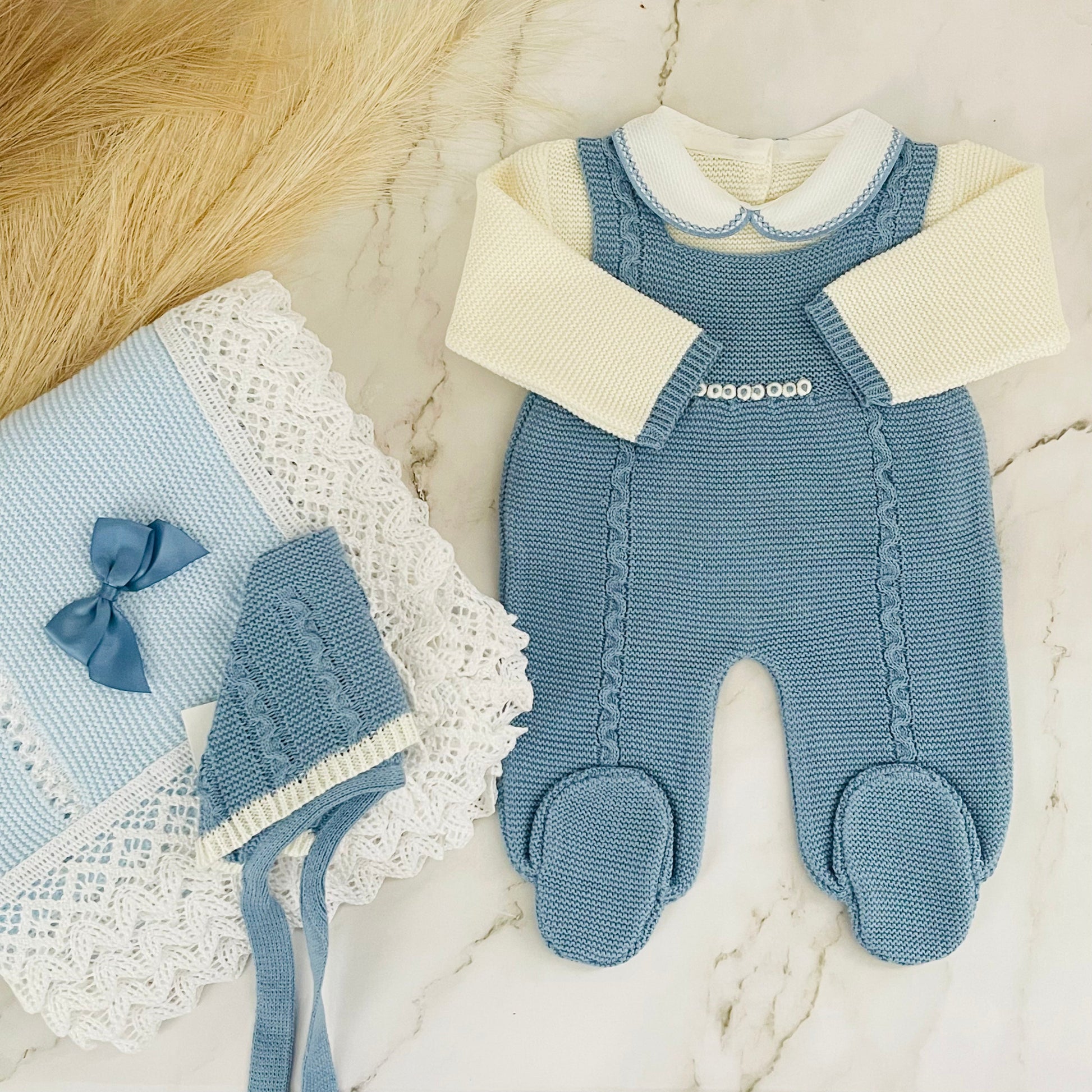 TURIN | Baby Boy Knitted Romper Luxury Box Deluxe box Baboxie With Blue Blanket 
