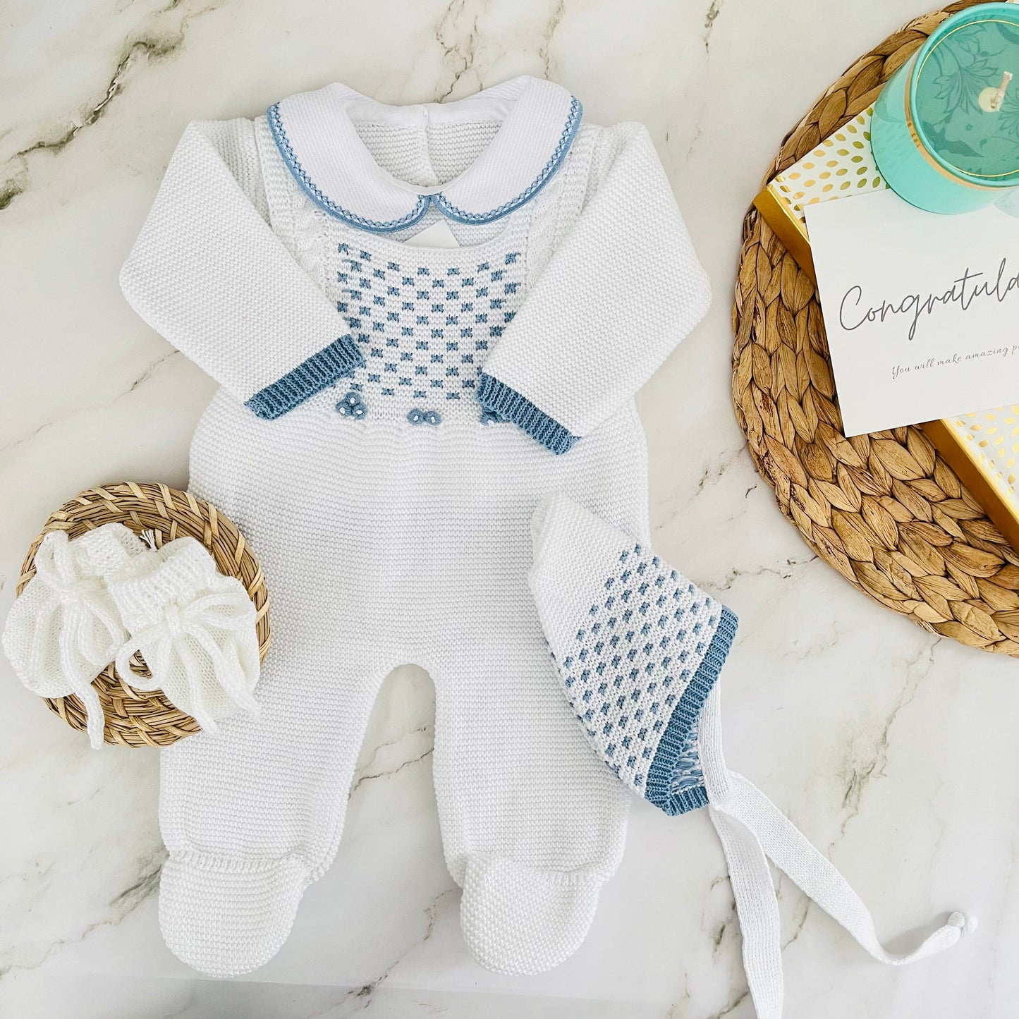 WHITE COBALTO JACQUARD | Baby Boy knitted Romper ROMPER Baboxie 