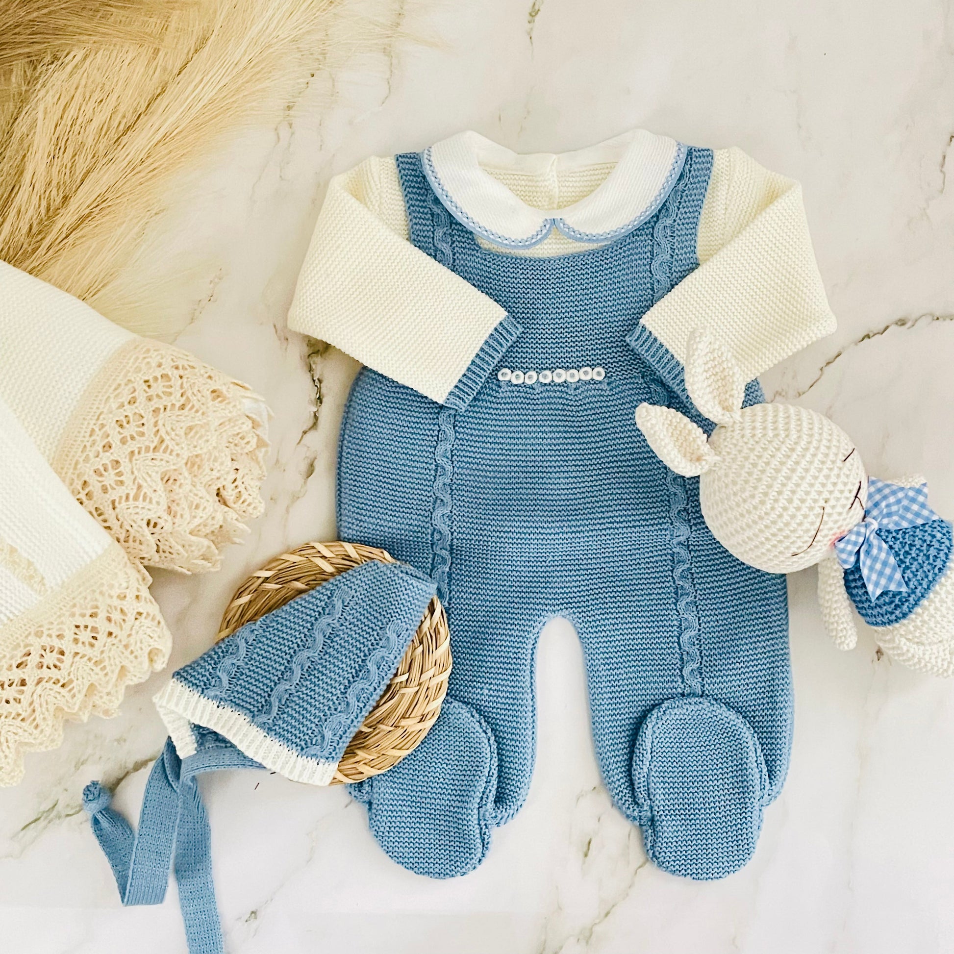TURIN | Baby Boy Knitted Romper Luxury Box Deluxe box Baboxie With Bunny (Specify color of blanket on the note section) 