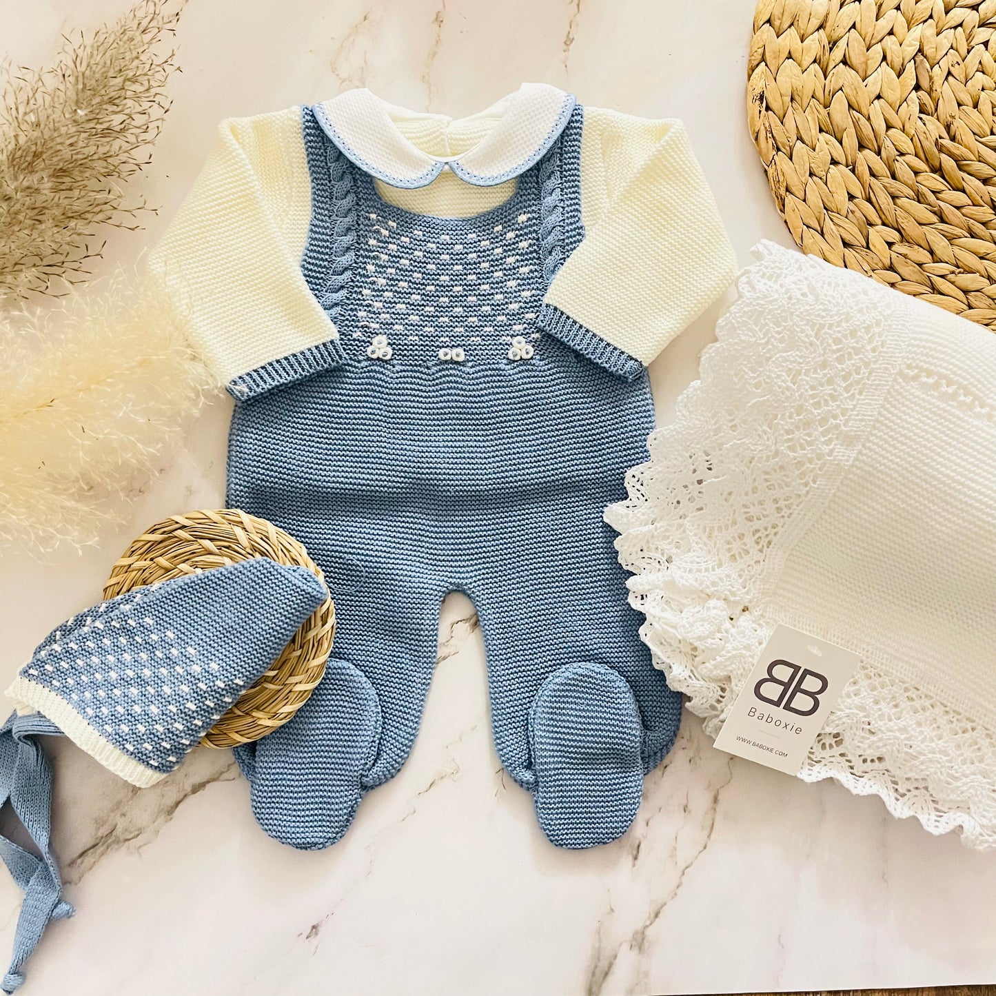 JACQUARD COBALTO | Baby Boy Knitted Romper Luxury Box Deluxe box Baboxie 